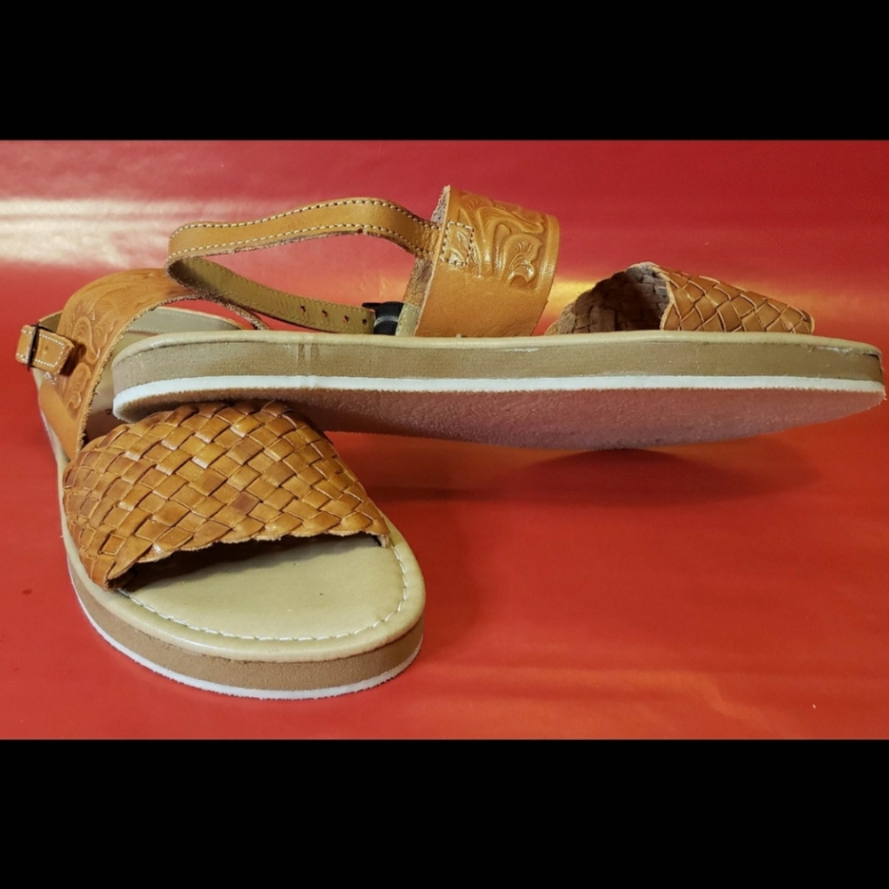 Tan Woven Leather Sandals • Boho Summer Slip-On • Comfort Flat Sandals - Picture 3 of 3